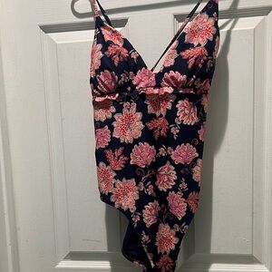 Old Navy Navy One-Piece with Pink Floral Trim